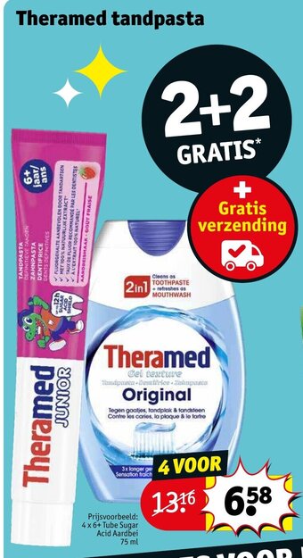 Kruidvat Theramed tandpasta 4 x 6+ tube sugar acid aardbei 75 ml aanbieding