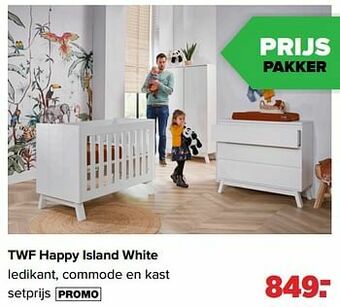 Baby-Dump Twf happy island white ledikant, commode en kast aanbieding