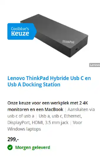 Coolblue Lenovo ThinkPad Hybrid Usb C en Usb A Docking Station aanbieding