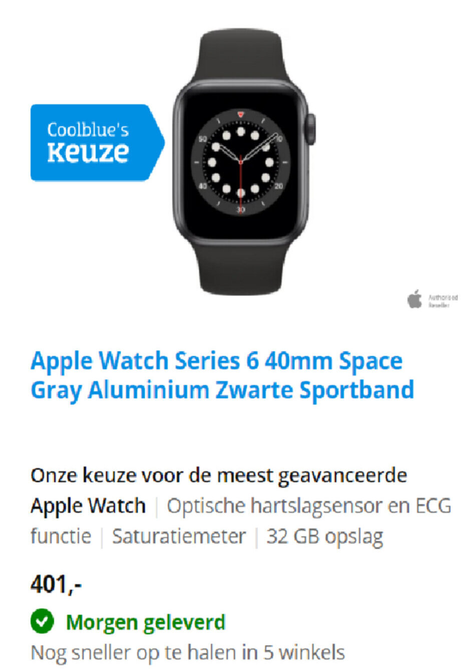 Apple Watch Series 6 40mm Space Gray Aluminium Zwarte Sportband promotie  bij CoolBlue