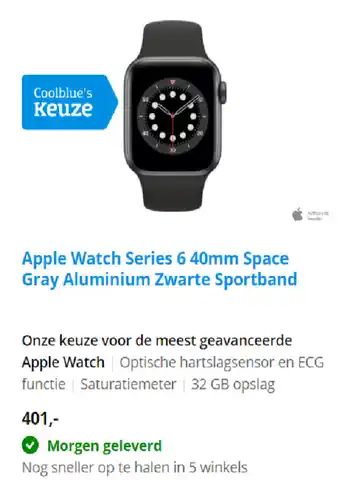 Coolblue Apple Watch Series 6 40mm Space Gray Aluminium Zwarte Sportband aanbieding