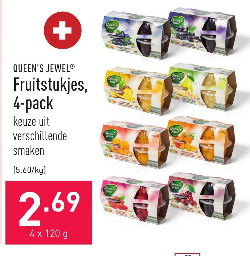 Queens Jewel Fruitstukjes 4 x 120g promotie bij ALDI