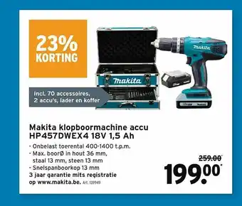 GAMMA 23% Korting Makita Klopboormachine Accu Hp457dwex4 18v 1,5 Ah aanbieding