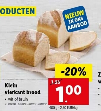 Lidl Klein vierkant brood, wit of bruin nr. 6610949 - 6610950 - 6610951 - 6610952 aanbieding