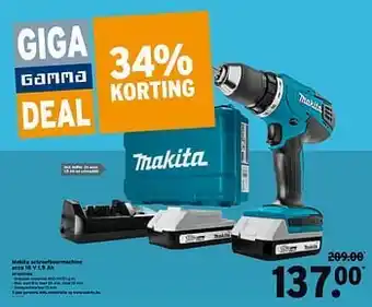 GAMMA Makita schroefboormachine accu 18 v 1,5 ah df457dwe aanbieding