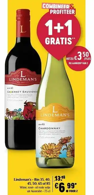 Delhaize Lindeman’s - bin 35, 40, 45, 50, 65 of 85 witte, rosé- of rode wijn aanbieding