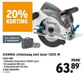 GAMMA Gamma cirkelzaag met laser 1300 w cs13-185 aanbieding