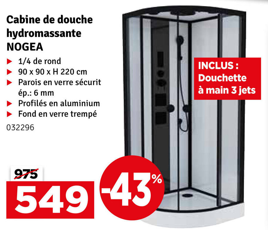 Nogea cabine de douche hydromassante 1/4 de rond, 90 x 90 x H 220 cm