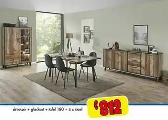 Budget Meubelen Dressoir + glaskast + tafel 180 + 4 x stoel aanbieding