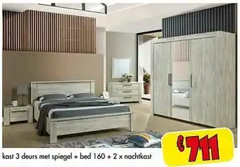 Budget Meubelen Kast 3 deurs met spiegel + bed 160 + 2 x nachtkast aanbieding