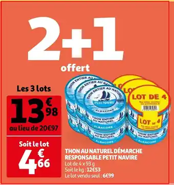 Auchan Petit Navire thon au naturel demarche responsable, lot de 4 x 93 g aanbieding