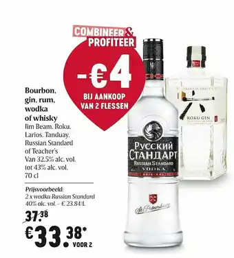 Delhaize Bourbon, Gin, Rum, Wodka Of Whisky Jim Beam, Roku, Larios, Tanduay, Russian Standard Of Teacher's aanbieding