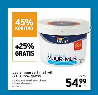 GAMMA 45% Korting Levis Muurverf Mat Wit 8 L +25% Gratis aanbieding