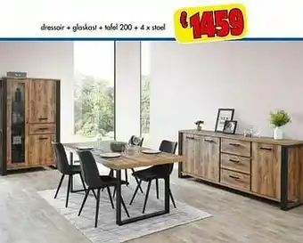 Budget Meubelen Dressoir + glaskast + tafel 200 + 4 x stoel aanbieding