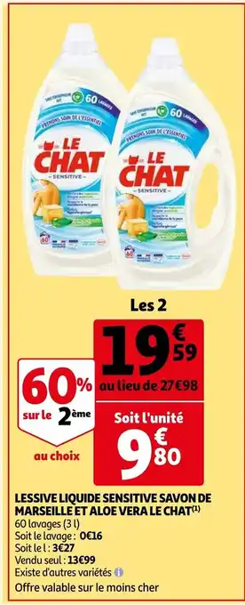 Auchan Le chat lessive liquide sensitive savon de marseille et aloe vera 60 lavages (3L) aanbieding