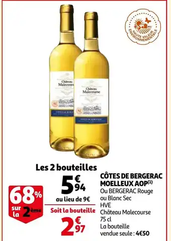 Auchan Cotes de bergerac moelleux aop ou bergerac rouge ou blanc sec 75cl aanbieding