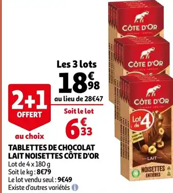 Auchan Cote d'or tablettes de chocolat lait noisettes 4x180g aanbieding
