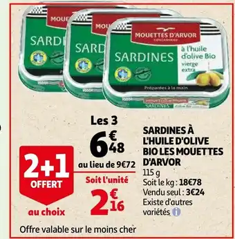 Auchan Mouettes d'arvor sardines a l'huile d'olive bio les 115g aanbieding