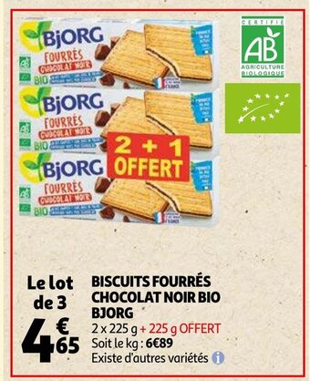 Auchan Bjorg biscuits fourres chocolat noir bio 2 x 225g aanbieding