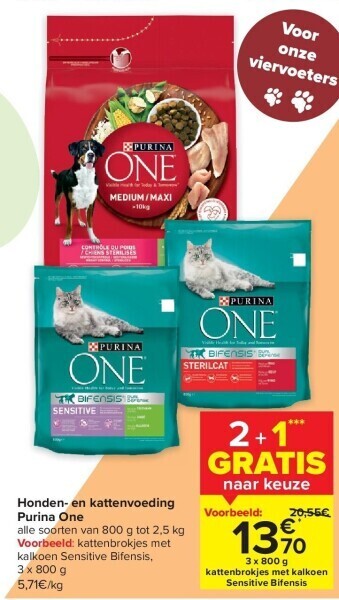 Carrefour Honden- en kattenvoeding purina one aanbieding