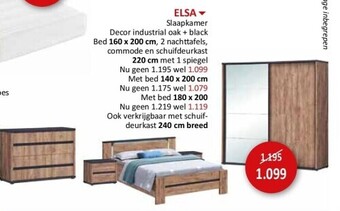 Weba Elsa slaapkamer decor industrial oak + black bed 160 x 200 cm, 2 nachttafels, commode en schuifdeurkast 220 cm met 1 spiegel aanbieding