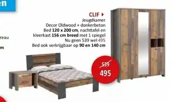 Clif jeugdkamer decor oldwood + donkerbeton bed 120 x 200 cm, nachttafel en kleerkast 156 cm breed met 1 spiegel
