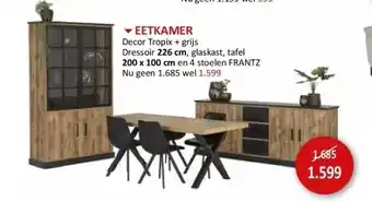 Weba Eetkamer decor tropix + grijs dressoir 226 cm, glaskast, tafel 200 x 100 cm en 4 stoelen frantz aanbieding