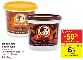 Carrefour Boerinneke chocopasta puur 2x400G aanbieding