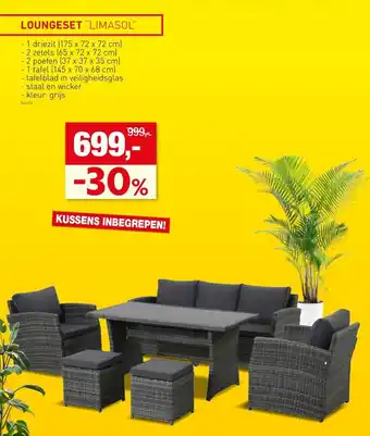 Hubo Limasol Loungeset 1 Driezit, 2 Zetels , 2 Poefen , 1 Tafel aanbieding