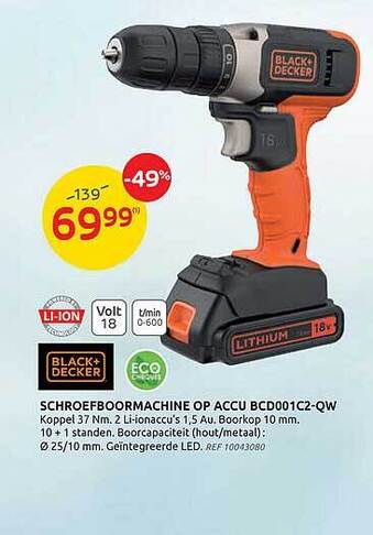 Brico Black+decker Schroefboormachine Op Accu Bcd001c2-qw aanbieding