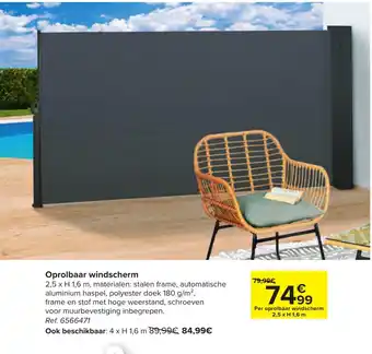 Oprolbaar windscherm 2,5 x H 1,6 m, ref. 6566471