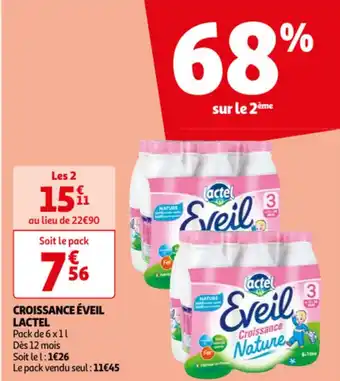 Auchan Lactel croissance eveil pack de 6 x 1 L aanbieding
