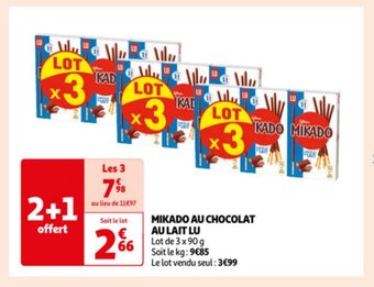 Auchan LU mikado au chocolat au lait, lot de 3 x 90 g aanbieding