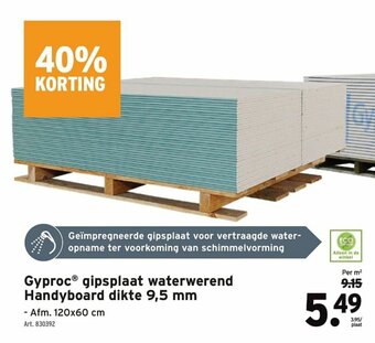 GAMMA Gyproc gipsplaat waterwerend Handyboard dikte 9,5mm aanbieding