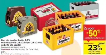 Carrefour Krat bier jupiler, jupiler 0,0% en stella artois (24 x 25 cl) of (24 x 33 cl) aanbieding