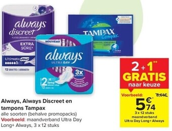Carrefour Always, always discreet en tampons tampax aanbieding