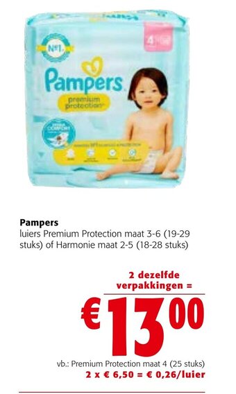 Colruyt Pampers luiers premium protection maat 3-6 (19-29 stuks) aanbieding