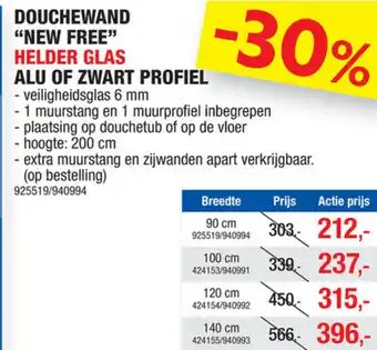 Hubo Douchewand "new free" helder glas alu of zwart profiel 90cm aanbieding
