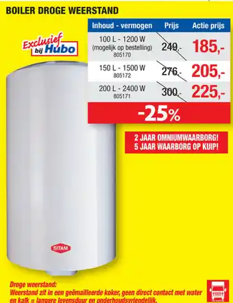 Hubo Boiler droge weerstand 100L -1200W aanbieding