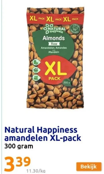 Action Natural happiness amandelen xl-pack 300 gram aanbieding