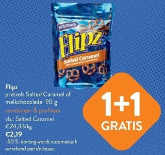 OKay Flipz pretzels salted caramel of melkchocolade 90 g aanbieding