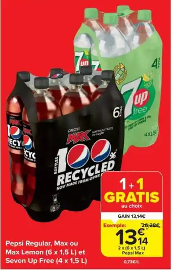 Carrefour Market Pepsi regular, max ou max lemon (6 x 1,5L) et seven up free (4 x 1,5L aanbieding