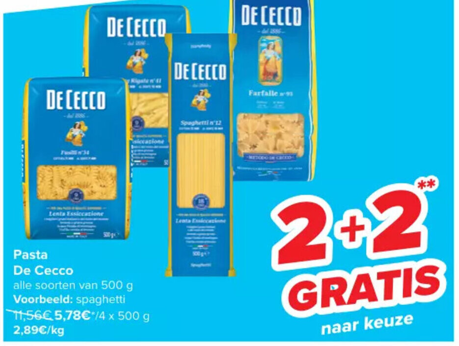 De cecco pasta spaghetti 4 x 500g promotie bij Carrefour