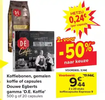 Carrefour Koffiebonen, gemalen koffie of capsules Douwe Egberts gamma 'D.E. Koffie' 500 g of 20 capsules aanbieding