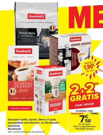 Carrefour Rombouts Gemalen koffie, bonen, filters of pads (compatibel met Senseo en Rombouts- machine) 4 x 10 stuks aanbieding