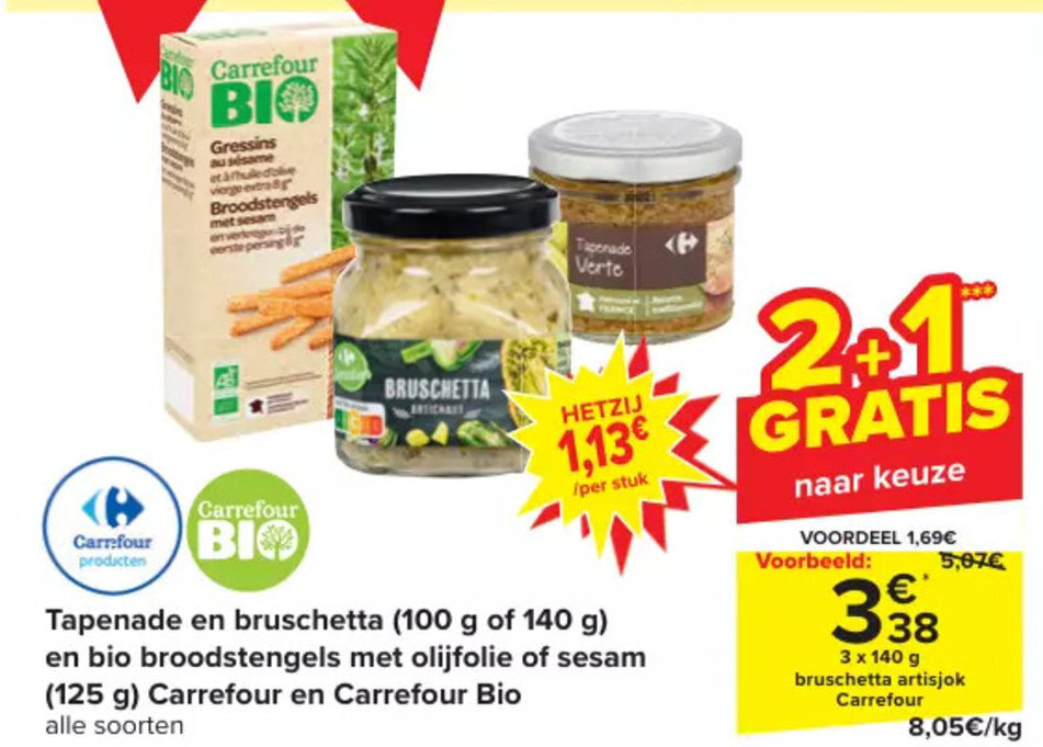 Tapenade en bruschetta (100 g of 140 g) en bio broodstengels met