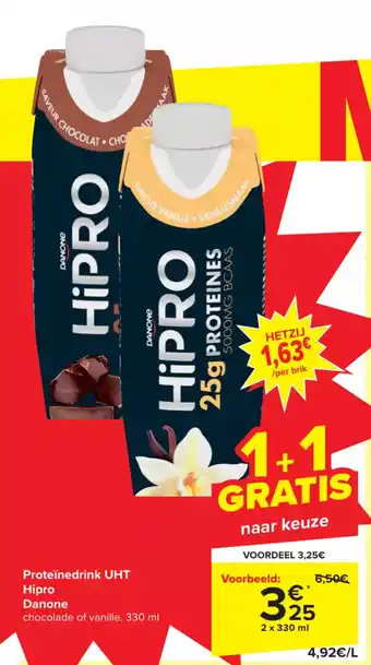 Carrefour Danone proteinedrink UHT hipro 2 x 330ml aanbieding