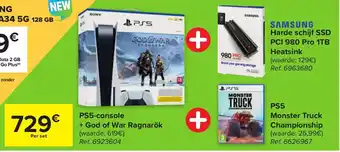 Carrefour Market PS5- console + god of war ragnarok, Monster truck championship, Samsung harde schijf SSD PCI 980 pro 1TB heatsink per set aanbieding