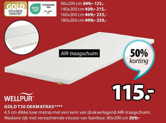 Jysk Wellpur Gold T30 Dekmatras 80 x 200cm aanbieding