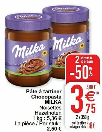 Cora Pâte à tartiner chocopasta milka aanbieding